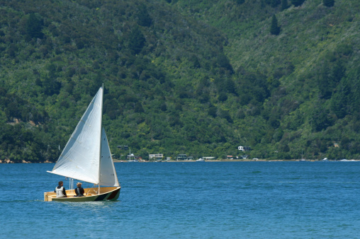 Two boys out sailing a small sailboat.