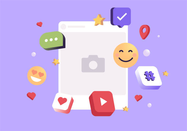stockillustraties, clipart, cartoons en iconen met social media network post surrounded with floating elements on purple background and modern minimal 3d. - houten paal