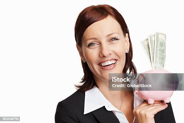 Smiling Business Woman Holding Piggy Bank Stock Photo - Download Image Now - Administrator, Adult, Adults Only