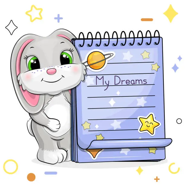 Vector illustration of A cute cartoon gray rabbit and a blue notebook with stickers.