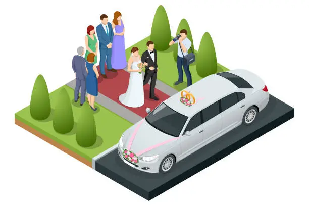 Vector illustration of Wedding car decoration. Isometric limousine in a wedding day. The bride and groom near the wedding limousine.