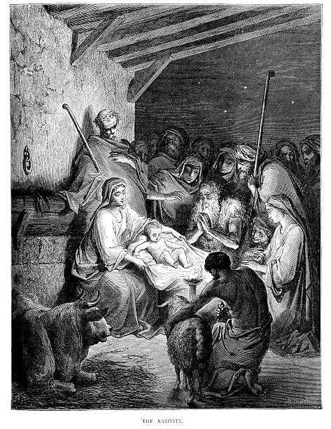 The Nativity Vintage engraving from the 1870 of a scene from the New Testament by Gustave Dore showing the nativity scene of the baby jesus in his cradle jesus christ birth stock illustrations