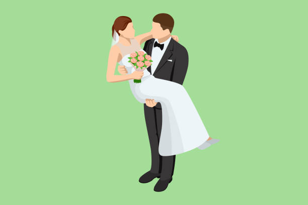 Isometric wedding couple. Lovely married couple embracing and looking at each other. Marriage and family relations. Wedding ceremony. Isometric wedding couple. Lovely married couple embracing and looking at each other. Marriage and family relations. Wedding ceremony bride holding bouquet stock illustrations