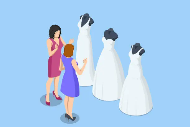 Vector illustration of Bride wearing her wedding gown with female dress designer. Isometric woman on her wedding day and choosing a wedding dress in the shop and the shop assistant is helping her