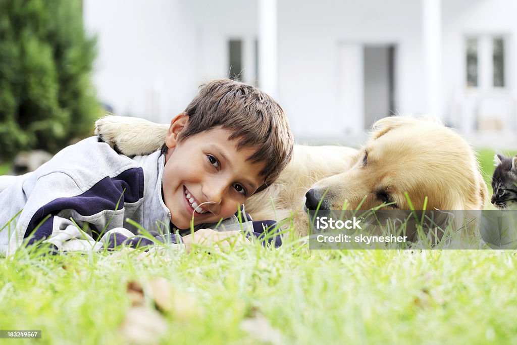 Portrait de garçon et chien golden retriever - Photo de Amitié libre de droits