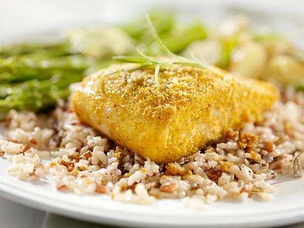 istock Breaded Salmon Filet with Wild Rice 183249673