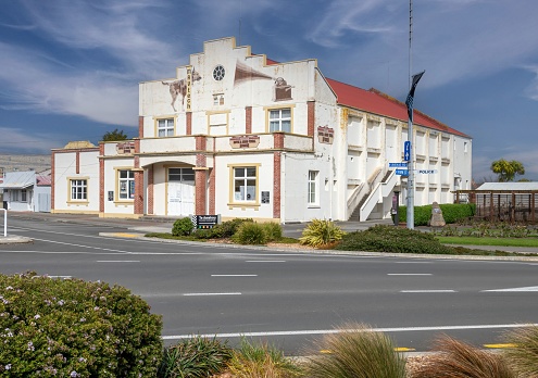 Foxton, New Zealand – September 14, 2023: An aged building with a white and red paint in Foxton, New Zealand