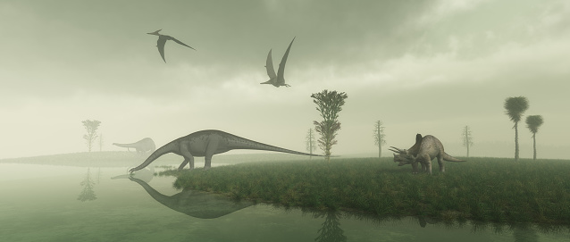 Prehistoric scene. Includes 2 Apatosaurus, also known as a Brontosaurus, drinking from a lake as well as a Triceratops and Pteranodon.