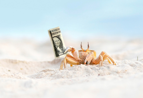 shot in beautiful exotic beach.. crab steals money from tourists