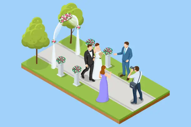 Vector illustration of Isometric wedding arch decorated with flowers stands in the luxurious area of the wedding ceremony beautiful bride and groom in the wedding ceremony