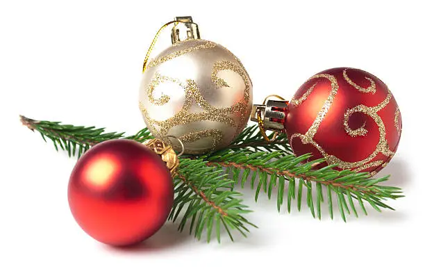 Christmas Baubles with young Spruce tree branch. This file is cleaned, retouched and contains 