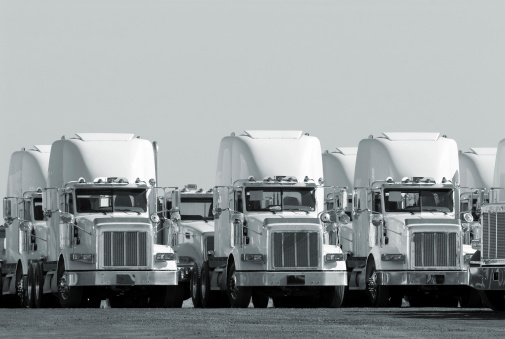Fleet of white semi trucks in a rows