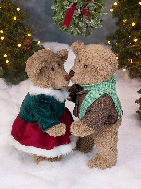 Teddy bears under the mistletoe stock photo