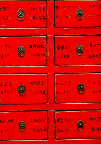 Antique chinese red laquered medicine cabinet closeup