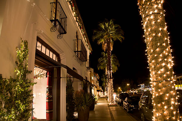 Christmas Shopping In California High end shopping street at night decorated for Christmas.El Paseo Palm Desert. window shopping at night stock pictures, royalty-free photos & images