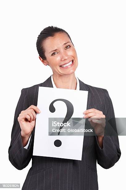 Middle Aged Business Woman Holding A Sheet With Question Mark Stock Photo - Download Image Now