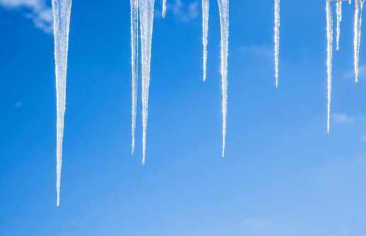 Icicles in front of a blue sky in winter