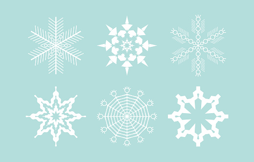 Cute snowflakes collection isolated on background. Flat snow icons, silhouette. Element for Christmas banner, cards. Vector.