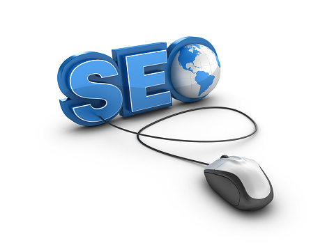 3D Word SEO with Globe World and Computer Mouse.