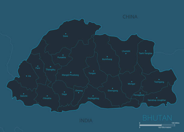 Bhutan Map High Detailed Vector Map Of Bhutan With Countries Capital Bhutan Map High Detailed Vector Map Of Bhutan With Countries Capital Cities Names Borders