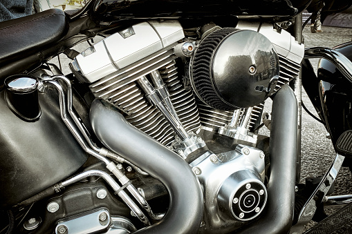 Motorbike's chromed engine, Motorbike engine close up shot.