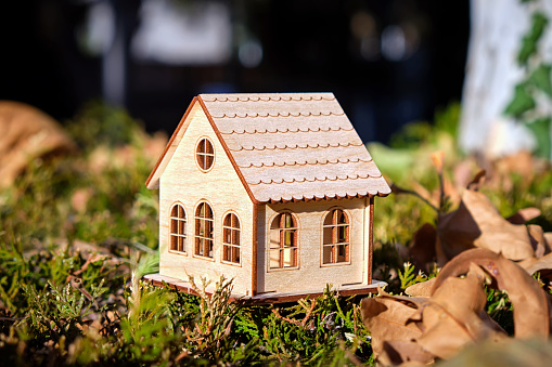 A beautiful wooden toy house in an autumn park on green grass with yellow leaves. Selective focus.