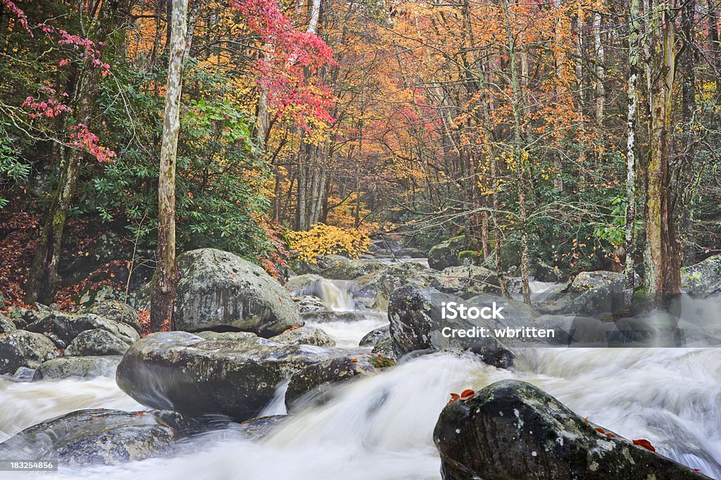 Autumn cascade in the Smoky Mountains The Little Pigeon River runs through the Great Smoky Mountains National Park in an incredible landscape. Gatlinburg Stock Photo