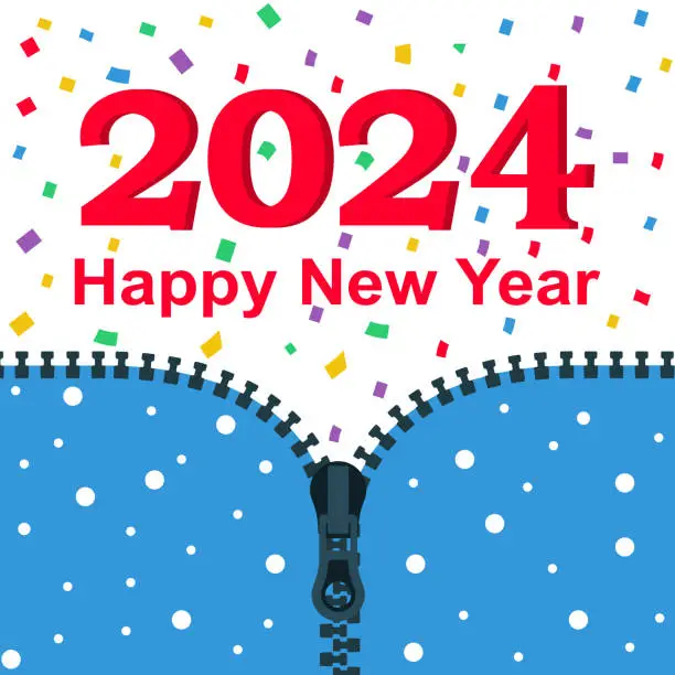 Vector illustration of 2024 Happy New year. Opens up zipper with 2024. Colored confetti