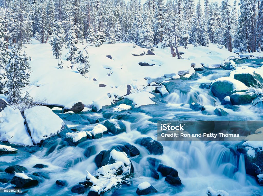 Snowy Cascading Creek In Lake Tahoe, California Cascading River Near Lake Tahoe, California. Beauty In Nature Stock Photo