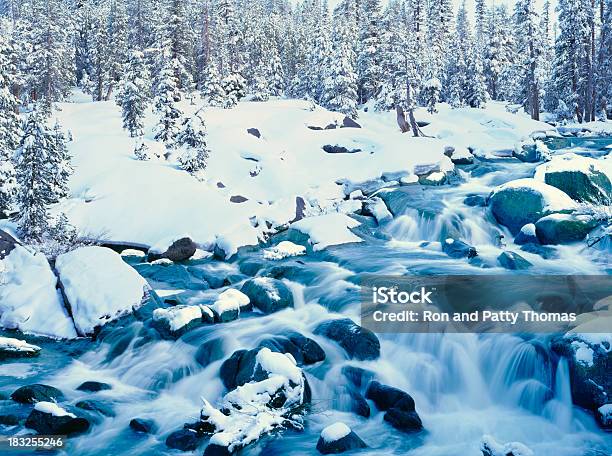 Snowy Cascading Creek In Lake Tahoe California Stock Photo - Download Image Now - Beauty In Nature, Blue, California