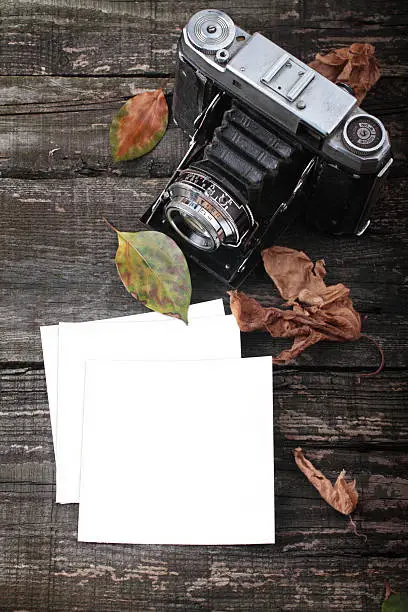 "An old broken camera,blank photopaper and leaf on texture board"