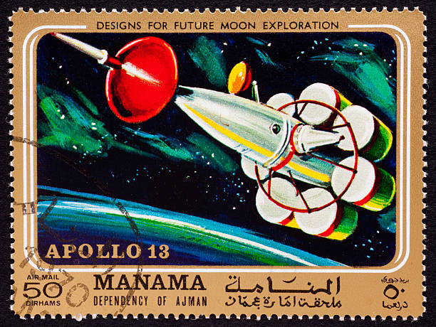 Apollo 13 mission on Manama stamp stock photo