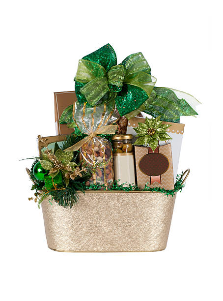Festive Gold and Green Gift Basket stock photo