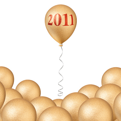 Banner with 2024 golden foil balloons on a yellow background. New Year concept.