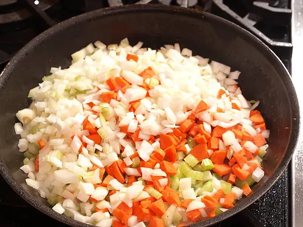 "Carrot, celery and onion (mirepoix) in skillet on range."