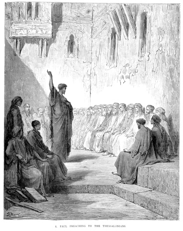 Vintage engraving from the 1870 of a scene from the New Testament by Gustave Dore showing Saint Paul preaching to the Thessalonians