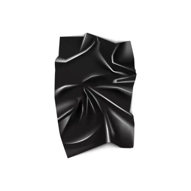 Vector illustration of Black latex crumpled fabric rectangular sheet, 3D creased silk cloth