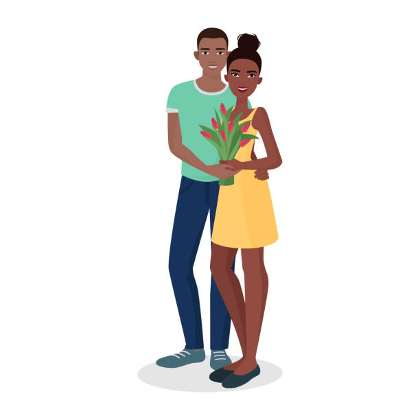 ilustraciones, imágenes clip art, dibujos animados e iconos de stock de pareja joven feliz de pie juntos, muchacha sosteniendo ramo de tulipanes - love romance cartoon heterosexual couple