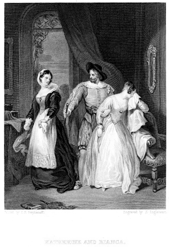 Vintage engraving from 1874 showing Katherine and Bianca from the Taming of the Shrew a comedy by William Shakespeare