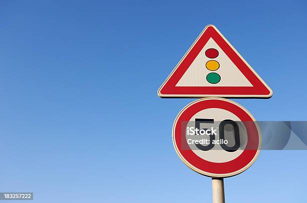 Speed Limit And Traffic Light Sign Stock Photo - Download Image Now - Blue, Circle, Color Image