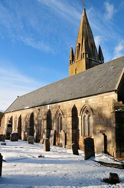 Wide angle image of country Church under snow.