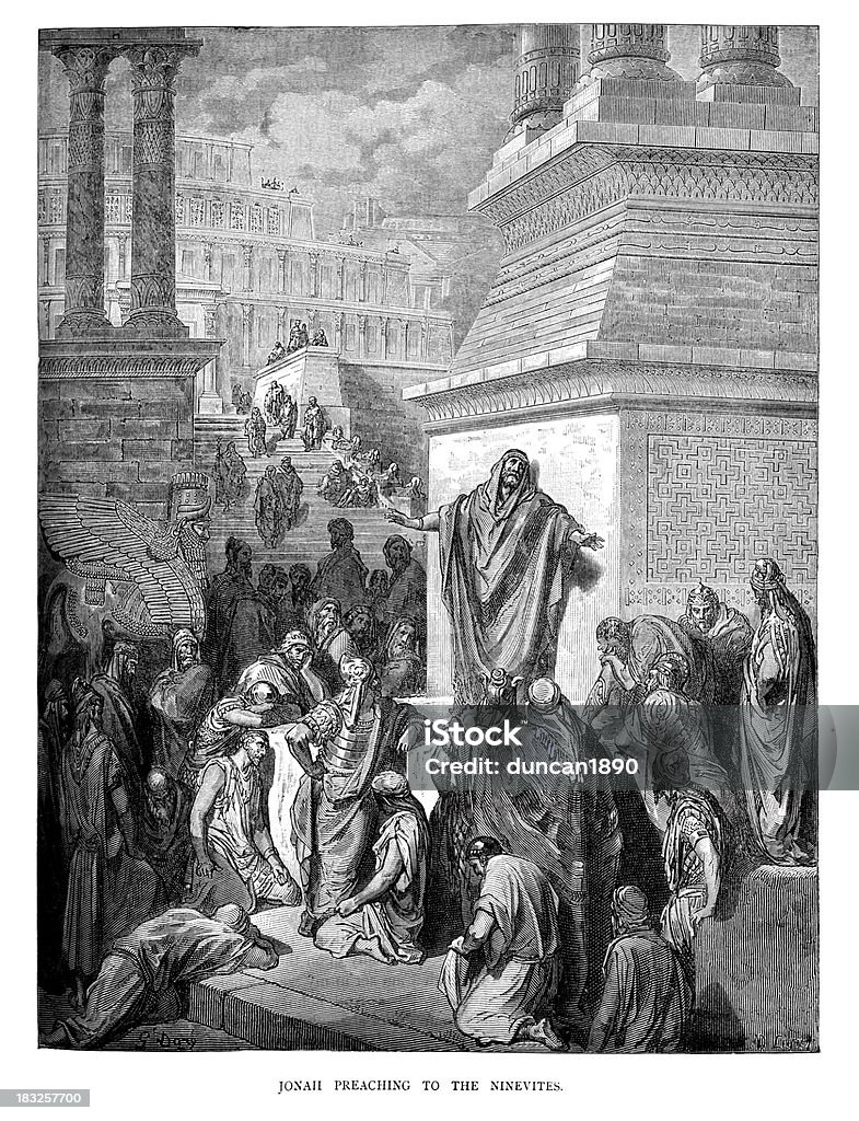 Jonah preaching to the Ninevites "Vintage engraving from the 1870 of a scene from the Old Testament by Gustave Dore showing Jonah preaching to the Ninevites. The name given in the Hebrew Bible to a prophet of the northern kingdom of Israel in about the 8th century BC, the eponymous central character in the Book of Jonah, famous for being swallowed by a fish." Jonah - Biblical Figure stock illustration