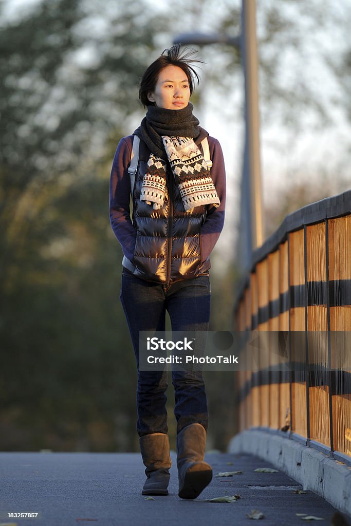 Donna asiatica studente Walkig su Bridge al tramonto-XLarge - Foto stock royalty-free di Donne