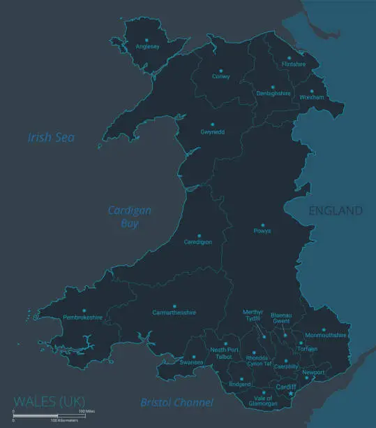 Vector illustration of Wales, UK map. High detailed vector map of Wales with countries, capital cities names, borders, water objects