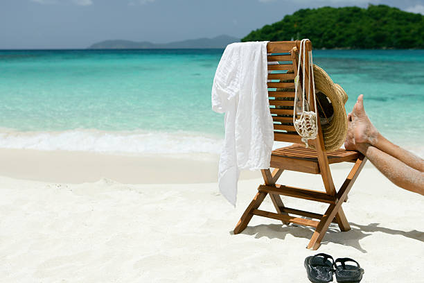 istock man resting his feet on a chair at the beach 183258945