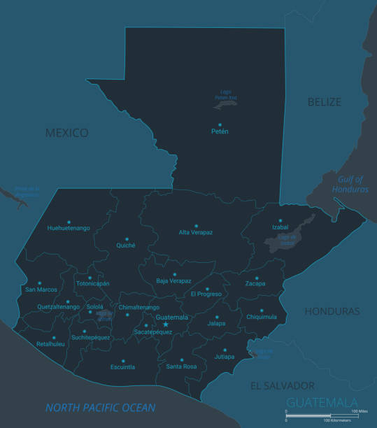istock Guatemala map. High detailed vector map of Guatemala with countries, capital cities names, borders, water objects 1832591710