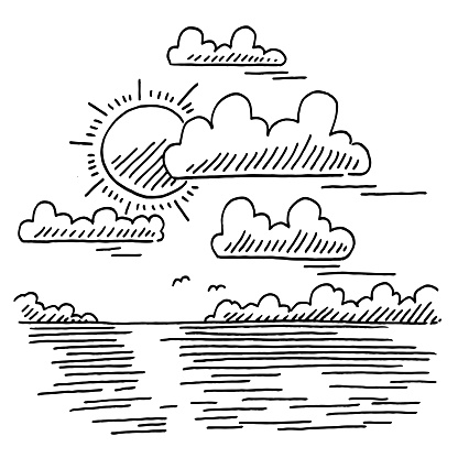 Hand-drawn vector drawing of a Seascape on Sunset and Clouds. Black-and-White sketch on a transparent background (.eps-file). Included files are EPS (v10) and Hi-Res JPG.