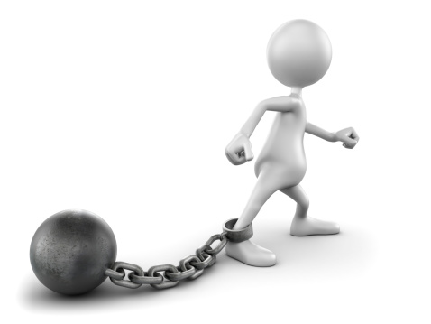 3d Man with ball and chain, isolated w. clipping path