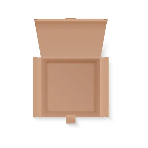 Vector illustration of Cardboard box of square shape with open lid, empty parcel package inside