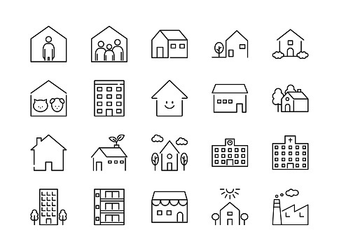 Set of building line icons. House, apartment, school, hospital and factory. Vector illustrations
